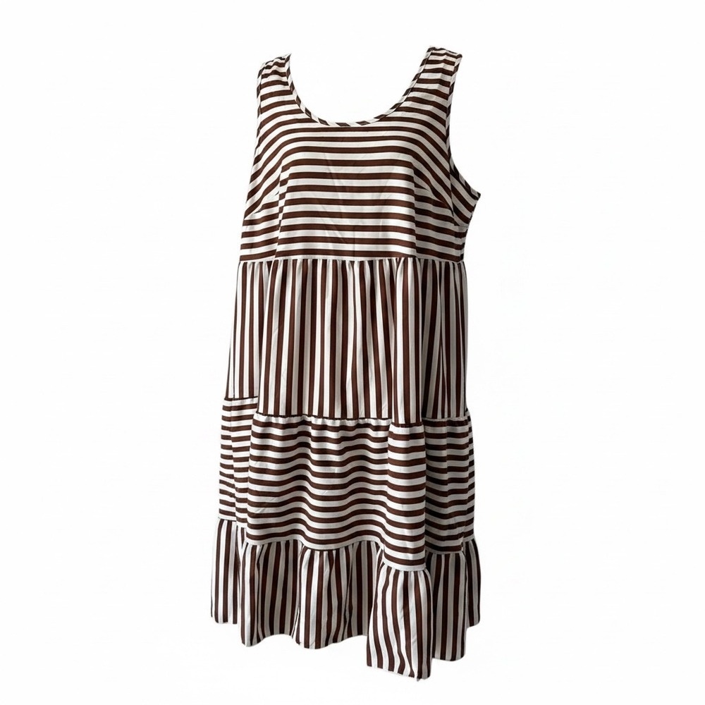 SHEIN Brown White Striped Tiered Babydoll Dress Sleeveless 1XL Tank Mini